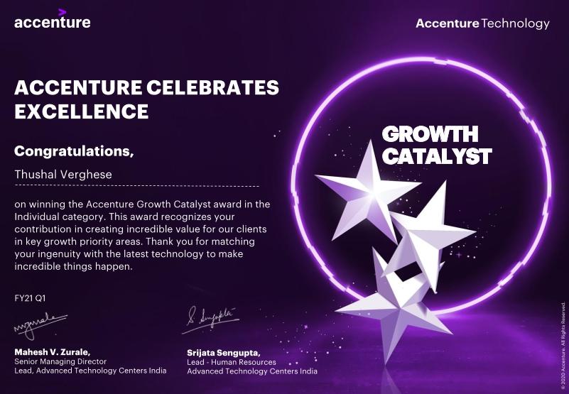 Accenture Celebrates Excellence — Growth Catalyst award certificate, Individual category, FY21 Q1